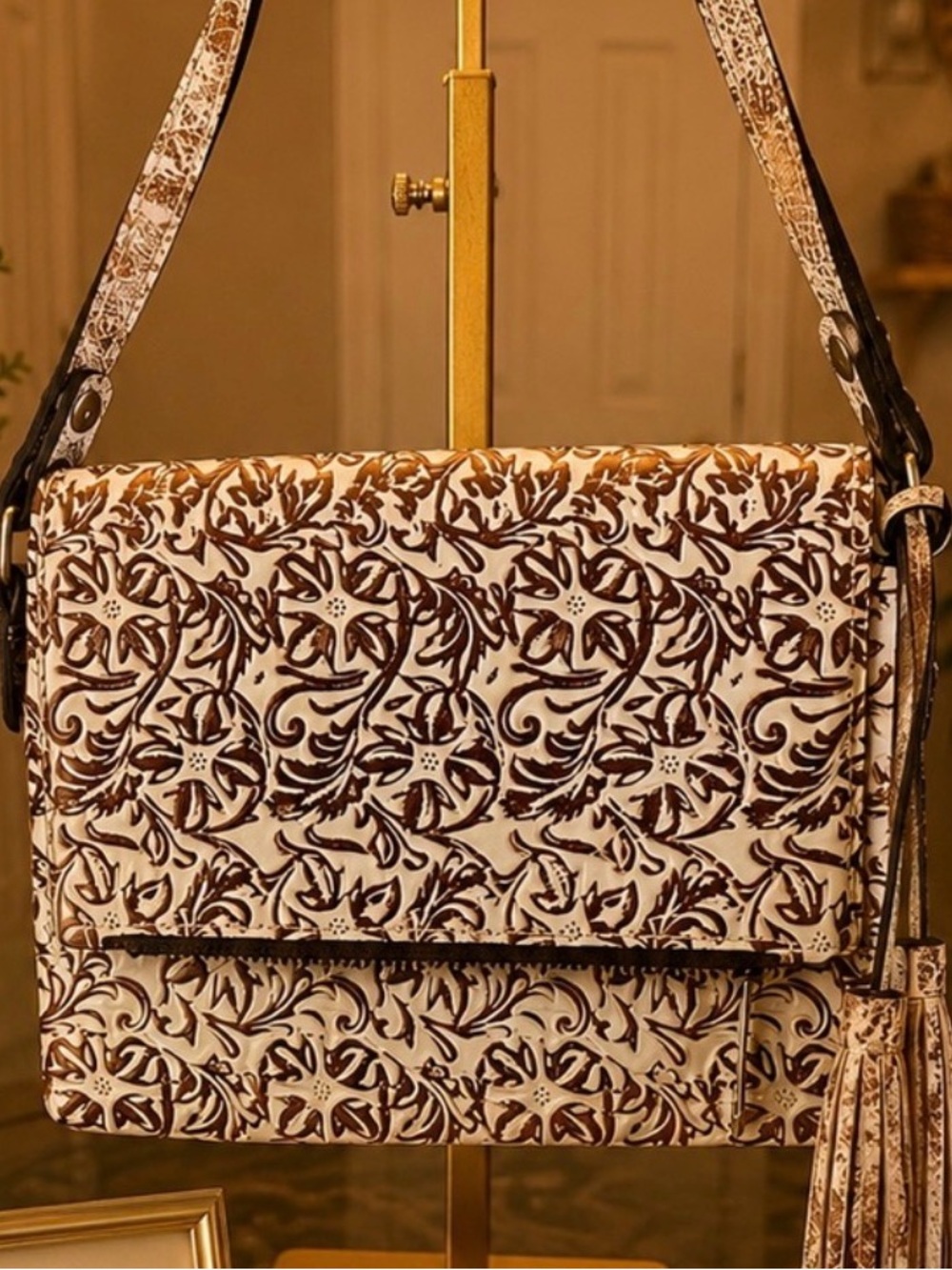 Patricia Nash Cream and Brown Floral Embossed Crossbody